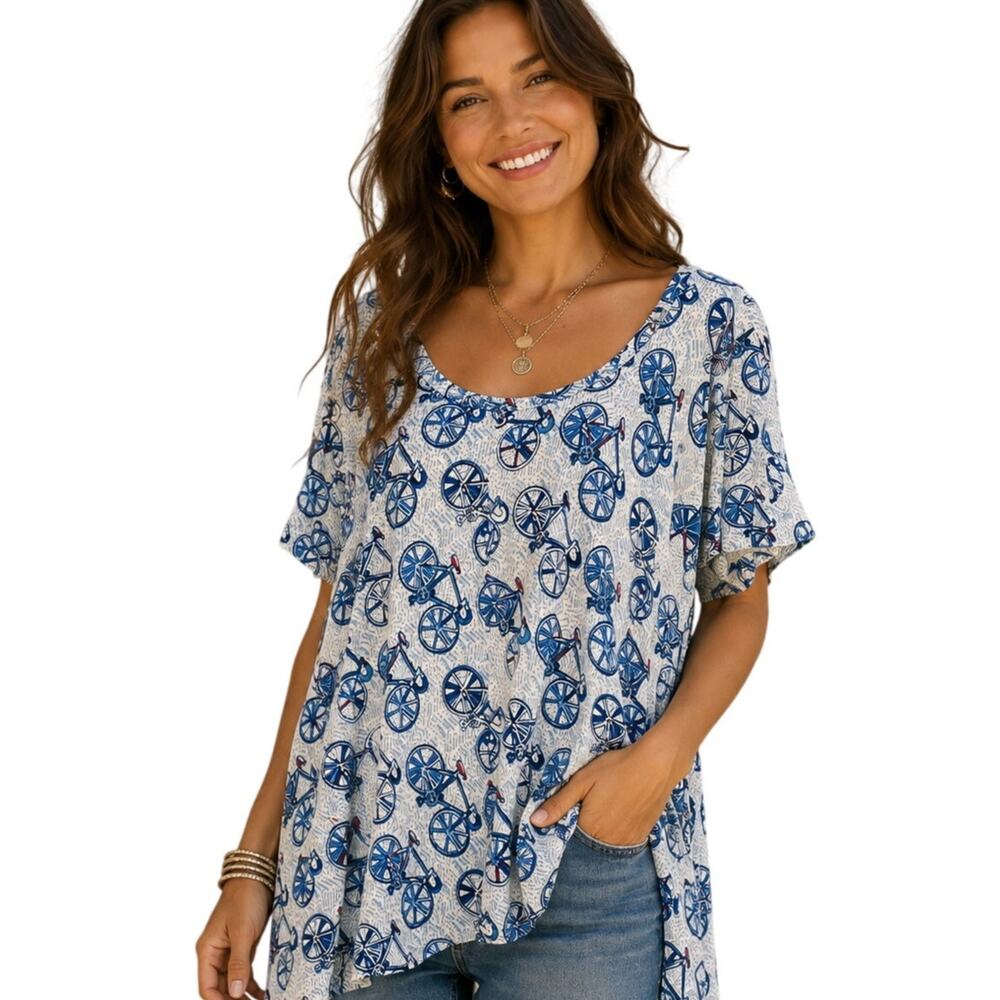 Philosophy Blue Bicycle Print Tunic Womens Size 1X Asymmetrical Sharkbite Top